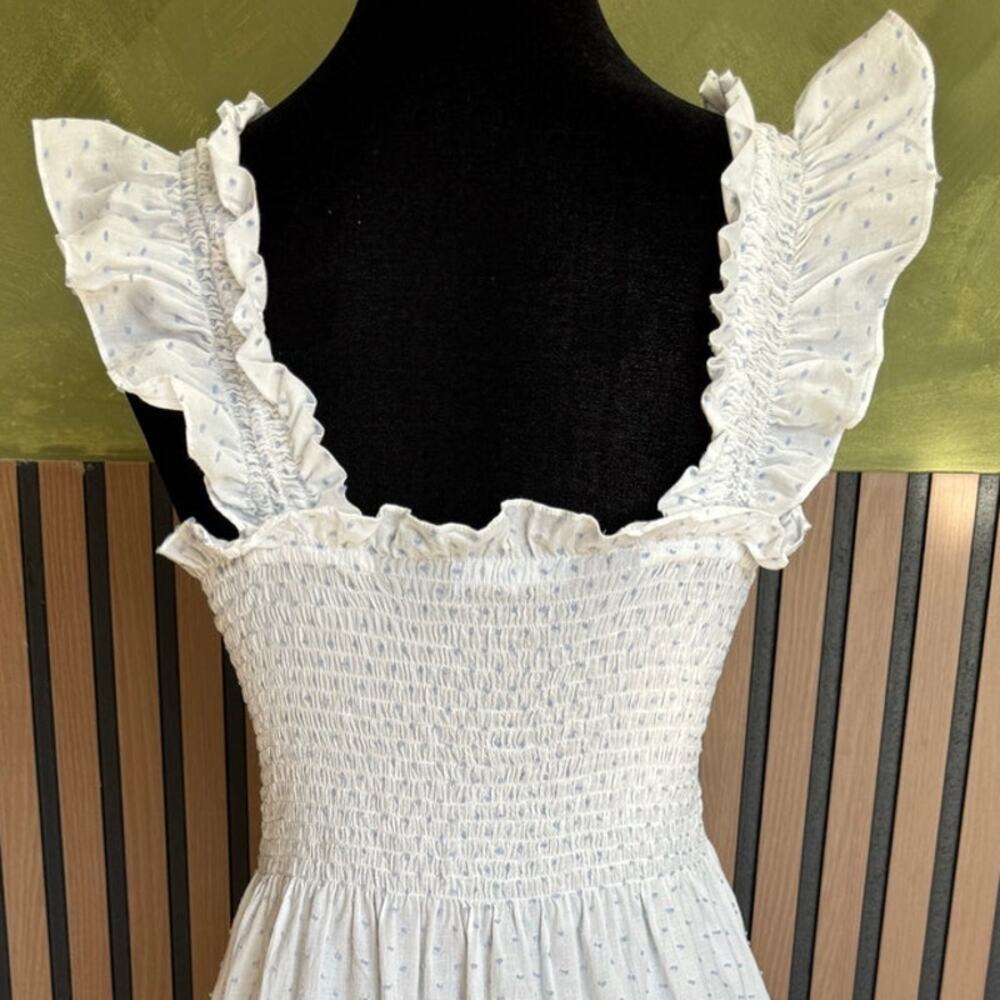 Hill House Ellie Nap Dress Blue Swiss Dot White Smocked Midi Size XS - Picture 6 of 10